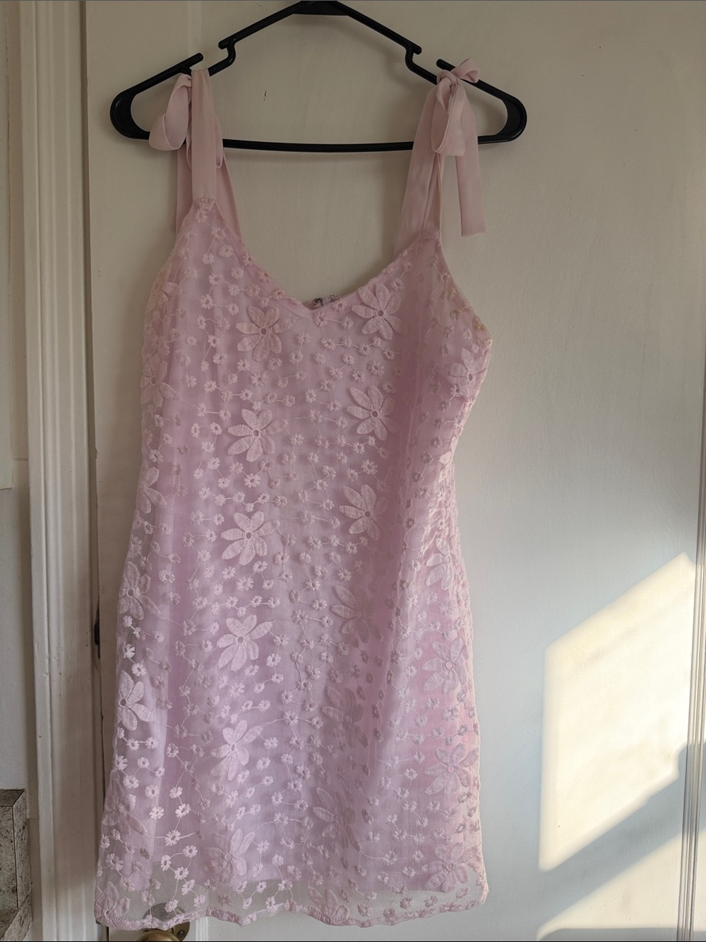 Pale Pink Floral Lace Tie-Shoulder Mini Dress